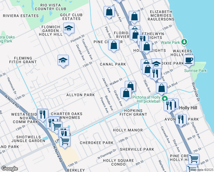 map of restaurants, bars, coffee shops, grocery stores, and more near 513 Walker Street in Holly Hill