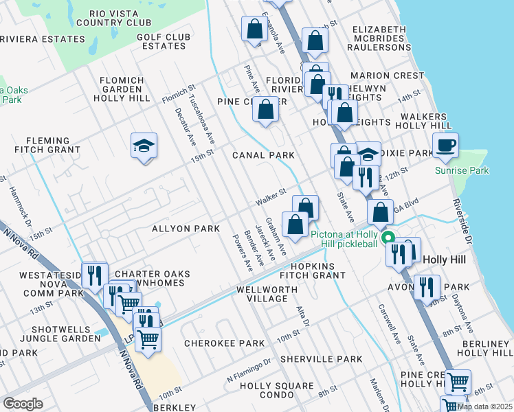 map of restaurants, bars, coffee shops, grocery stores, and more near 509 Walker Street in Holly Hill