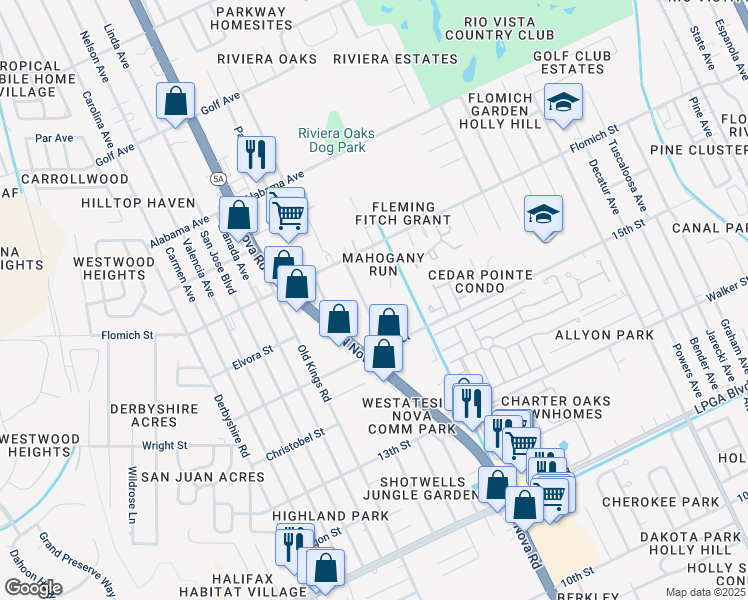 map of restaurants, bars, coffee shops, grocery stores, and more near 1572 Megan Bay Circle in Daytona Beach