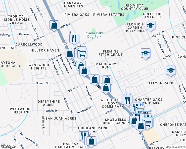 map of restaurants, bars, coffee shops, grocery stores, and more near 1590 Sunset Lane in Daytona Beach