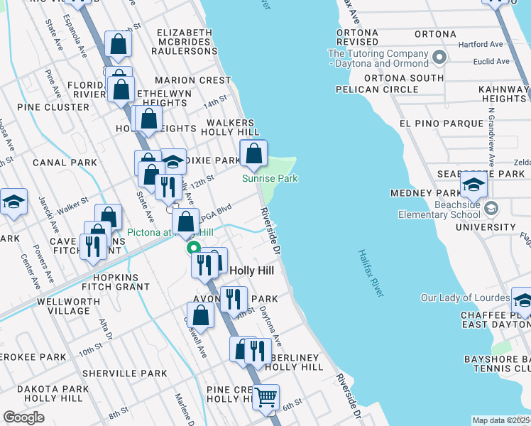 map of restaurants, bars, coffee shops, grocery stores, and more near Riverside Drive in Daytona Beach