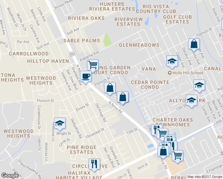 map of restaurants, bars, coffee shops, grocery stores, and more near 1580 Hammock Drive in Daytona Beach