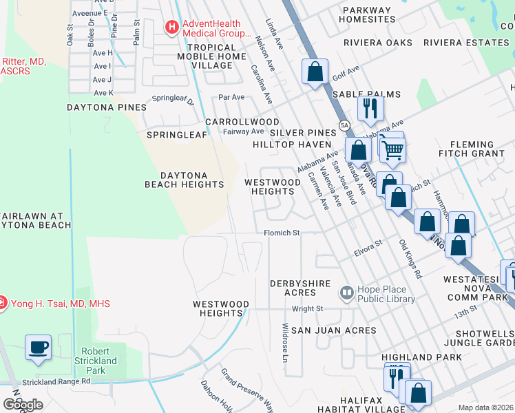 map of restaurants, bars, coffee shops, grocery stores, and more near 1704 Montgomery Drive in Daytona Beach