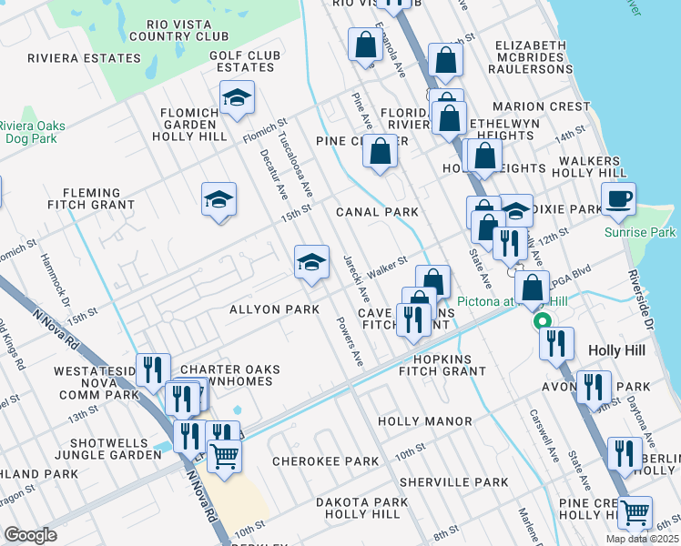 map of restaurants, bars, coffee shops, grocery stores, and more near 1319 Bender Avenue in Daytona Beach