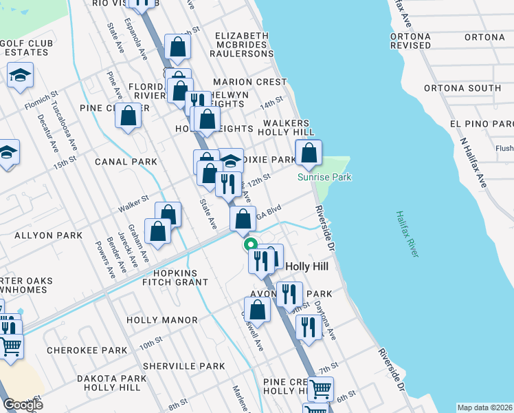 map of restaurants, bars, coffee shops, grocery stores, and more near 1109 Holly Avenue in Daytona Beach