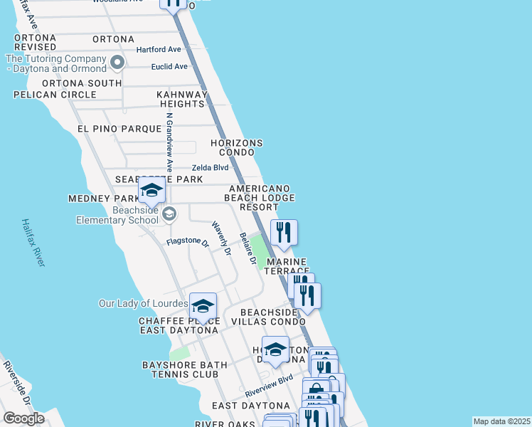 map of restaurants, bars, coffee shops, grocery stores, and more near 1216 North Atlantic Avenue in Daytona Beach