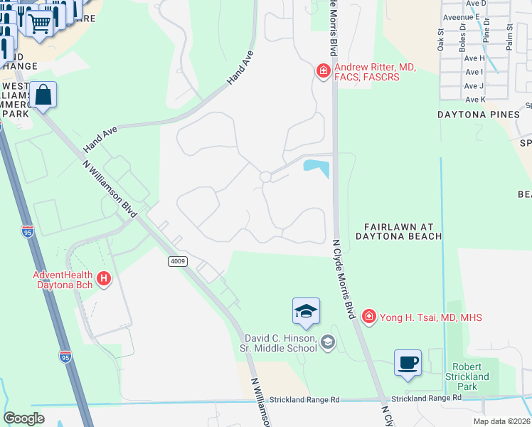 map of restaurants, bars, coffee shops, grocery stores, and more near 201-299 Woodside Lake Drive in Ormond Beach
