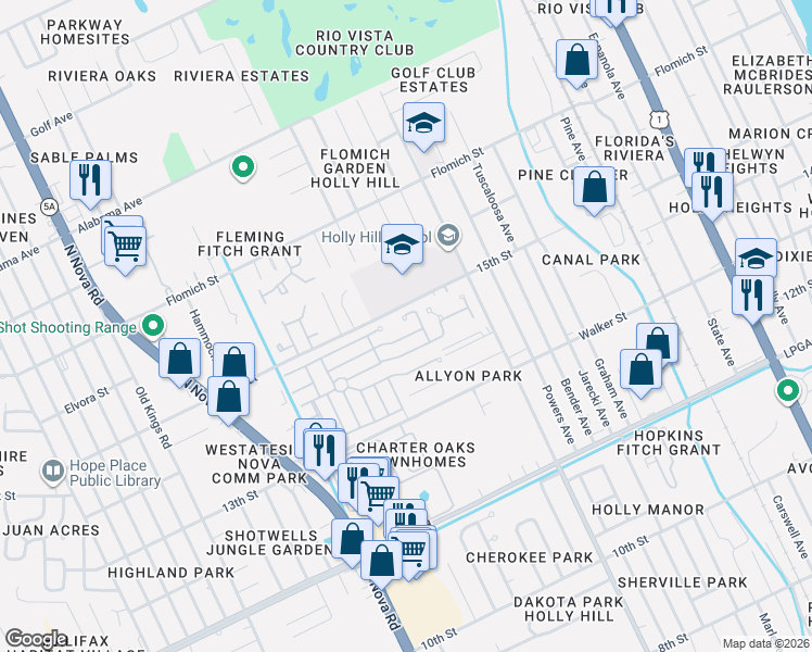 map of restaurants, bars, coffee shops, grocery stores, and more near 613 15th Street in Daytona Beach
