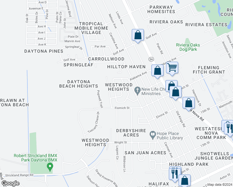 map of restaurants, bars, coffee shops, grocery stores, and more near 1704 Montgomery Drive in Daytona Beach