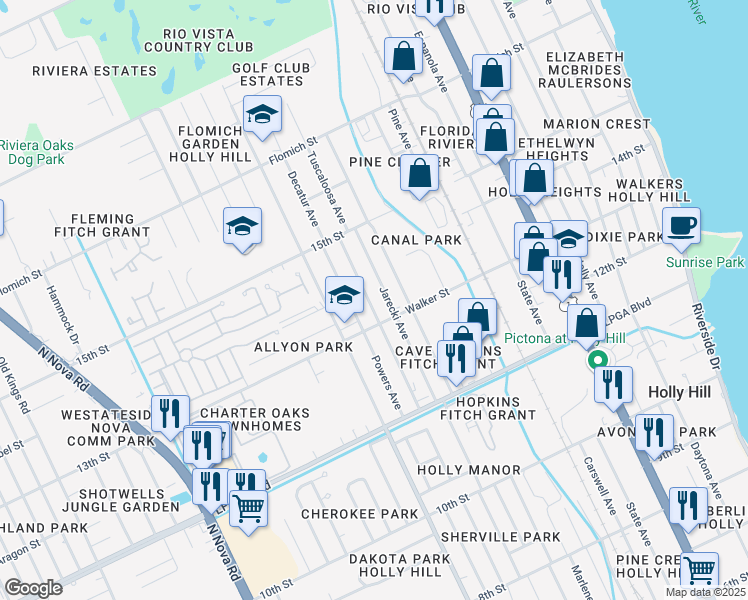 map of restaurants, bars, coffee shops, grocery stores, and more near 1319 Bender Avenue in Daytona Beach