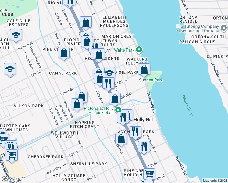 map of restaurants, bars, coffee shops, grocery stores, and more near 1129 Ridgewood Avenue in Daytona Beach