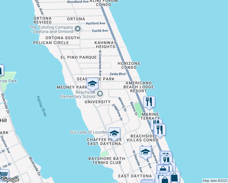 map of restaurants, bars, coffee shops, grocery stores, and more near 1263 Belaire Dr in Daytona Beach