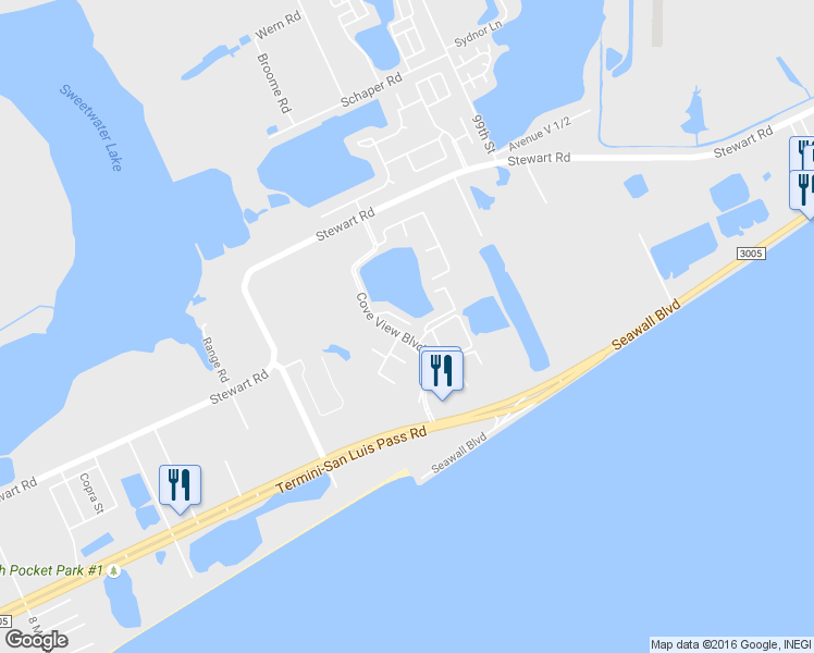 map of restaurants, bars, coffee shops, grocery stores, and more near 3428 Cove View Boulevard in Galveston