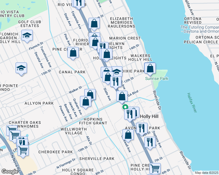 map of restaurants, bars, coffee shops, grocery stores, and more near 1202 Ridgewood Avenue in Holly Hill