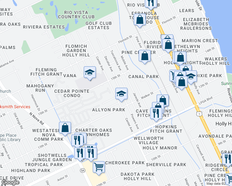 map of restaurants, bars, coffee shops, grocery stores, and more near 1339 Center Avenue in Daytona Beach