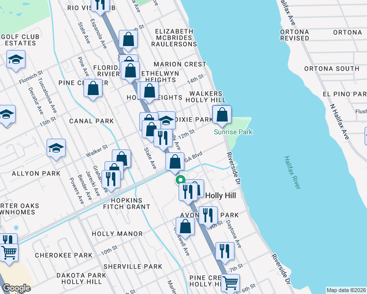 map of restaurants, bars, coffee shops, grocery stores, and more near 1109 Holly Avenue in Daytona Beach