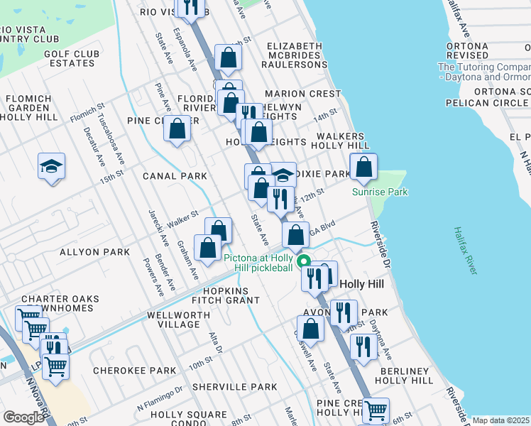 map of restaurants, bars, coffee shops, grocery stores, and more near 1202 Ridgewood Avenue in Holly Hill
