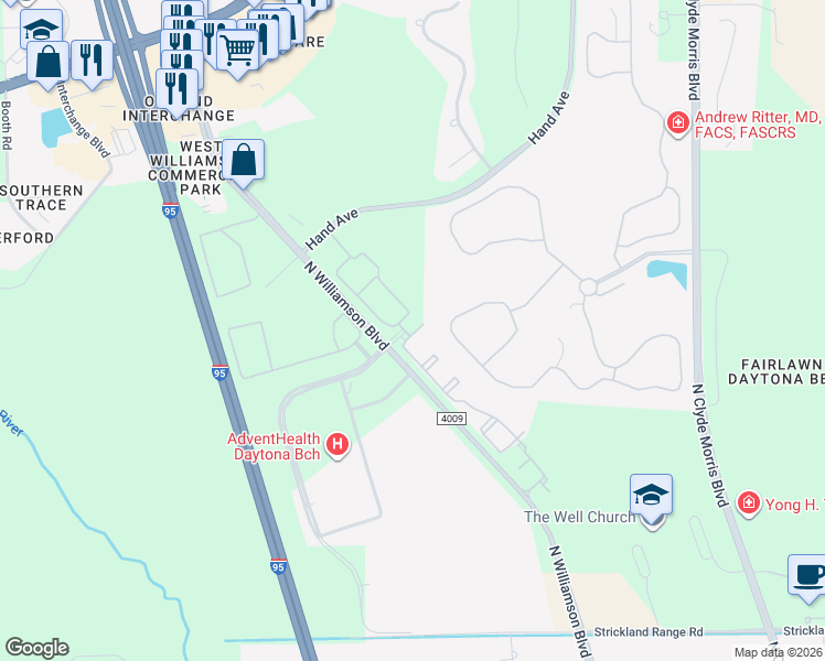 map of restaurants, bars, coffee shops, grocery stores, and more near 2351 North Williamson Boulevard in Daytona Beach