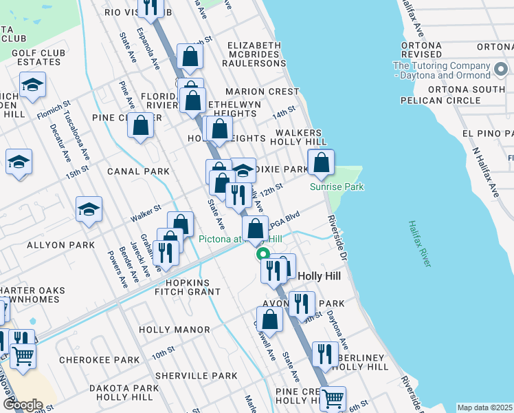 map of restaurants, bars, coffee shops, grocery stores, and more near 1136 Holly Avenue in Holly Hill