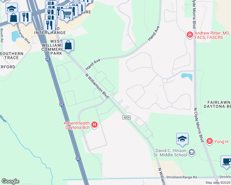 map of restaurants, bars, coffee shops, grocery stores, and more near 2351 North Williamson Boulevard in Daytona Beach