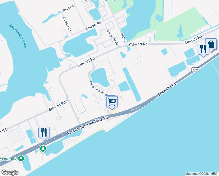 map of restaurants, bars, coffee shops, grocery stores, and more near 3428 Cove View Boulevard in Galveston