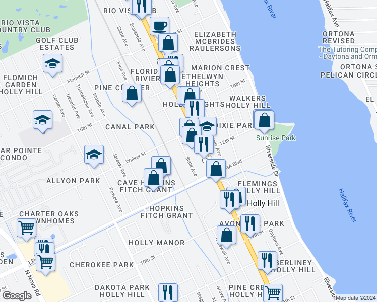 map of restaurants, bars, coffee shops, grocery stores, and more near 1202 Ridgewood Avenue in Holly Hill