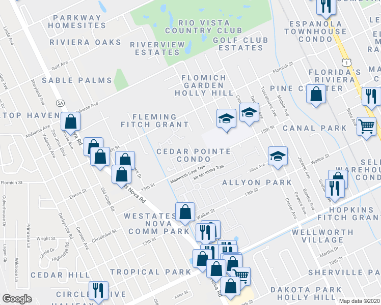 map of restaurants, bars, coffee shops, grocery stores, and more near 940 15th Street in Holly Hill