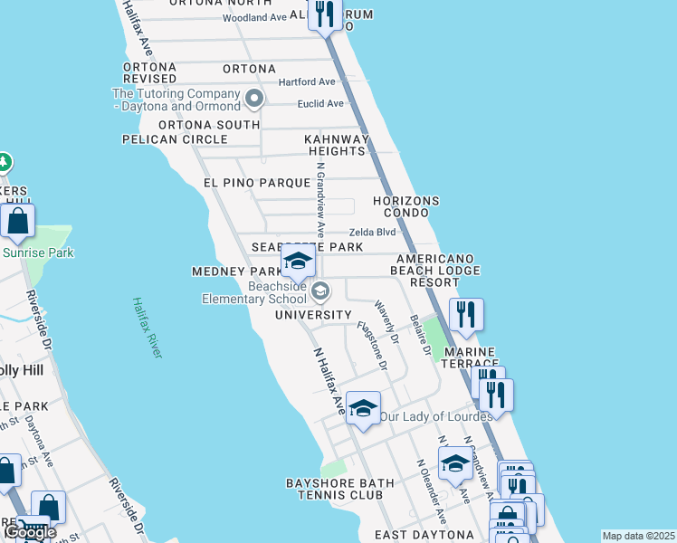 map of restaurants, bars, coffee shops, grocery stores, and more near 1284 Bel Aire Drive in Daytona Beach