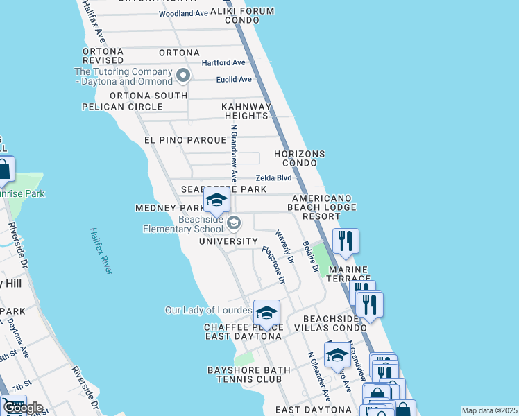 map of restaurants, bars, coffee shops, grocery stores, and more near 1263 Belaire Drive in Daytona Beach