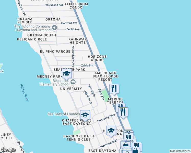 map of restaurants, bars, coffee shops, grocery stores, and more near 1227 Belaire Drive in Daytona Beach
