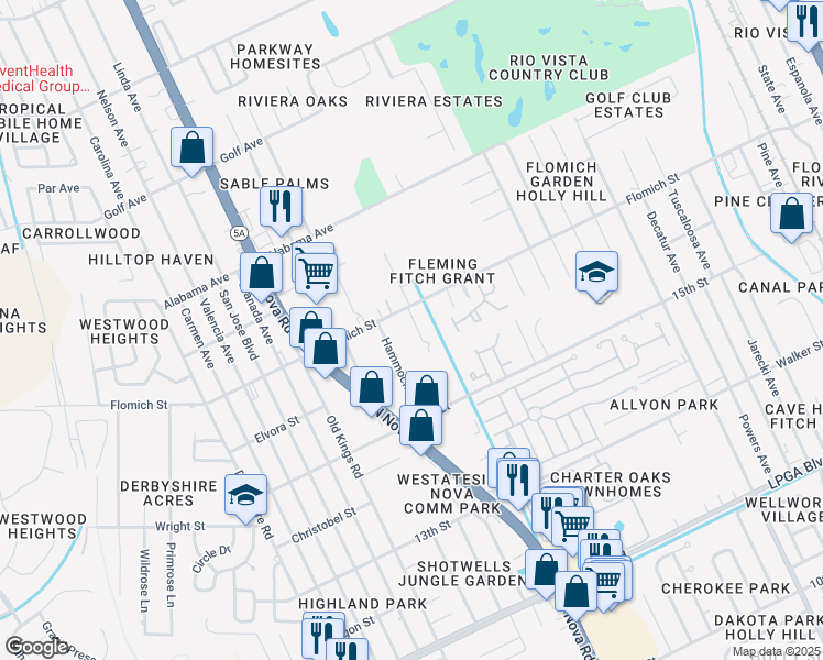 map of restaurants, bars, coffee shops, grocery stores, and more near 1588 Megan Bay Circle in Daytona Beach