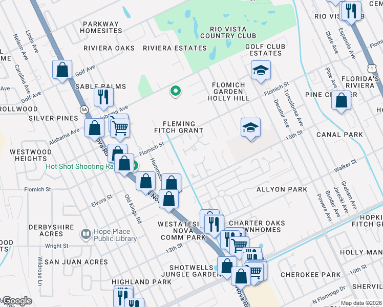 map of restaurants, bars, coffee shops, grocery stores, and more near 1521 Heritage Lane in Daytona Beach