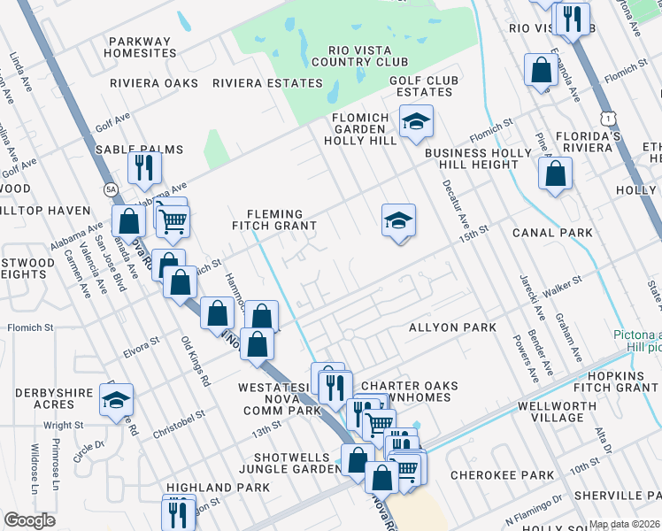 map of restaurants, bars, coffee shops, grocery stores, and more near 1558 Hancock Lane in Daytona Beach