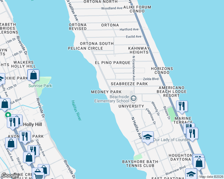 map of restaurants, bars, coffee shops, grocery stores, and more near 315 Golf Boulevard in Daytona Beach