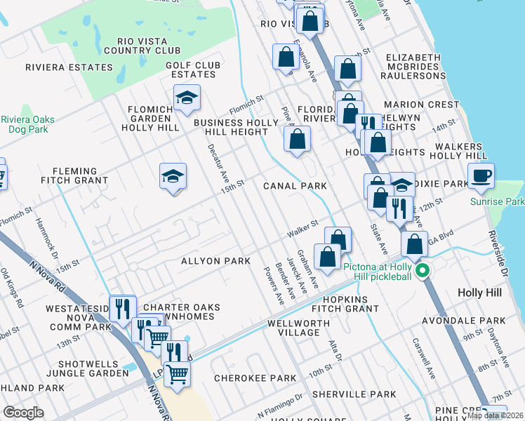 map of restaurants, bars, coffee shops, grocery stores, and more near 1364 Jarecki Avenue in Daytona Beach