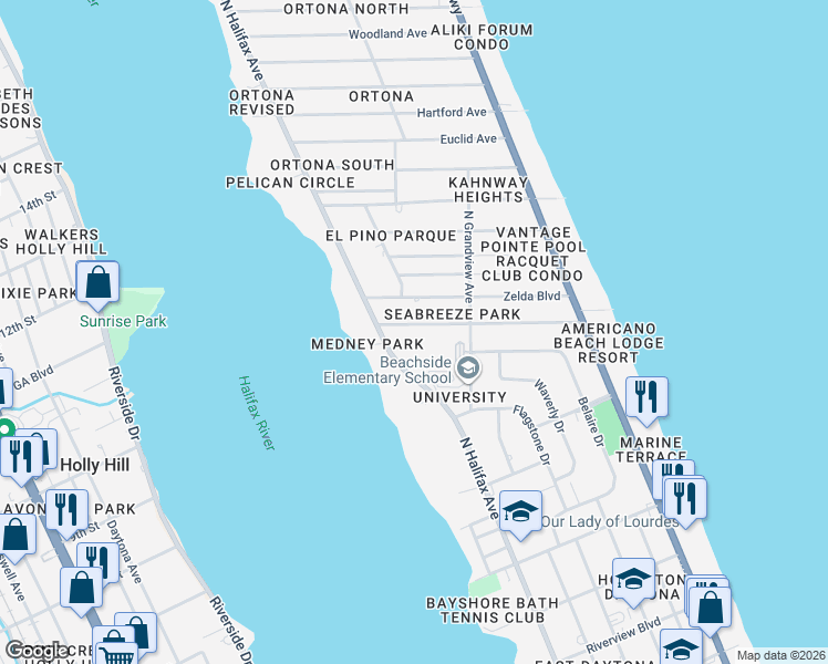 map of restaurants, bars, coffee shops, grocery stores, and more near 315 Golf Boulevard in Daytona Beach