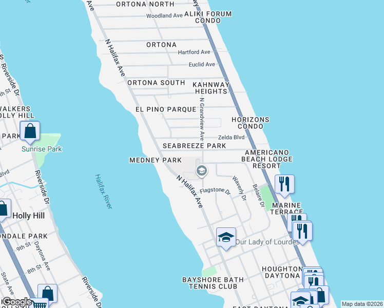 map of restaurants, bars, coffee shops, grocery stores, and more near 343 Golf Boulevard in Daytona Beach