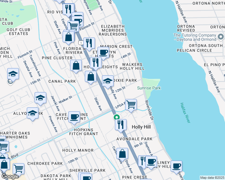 map of restaurants, bars, coffee shops, grocery stores, and more near 1219 Holly Avenue in Daytona Beach