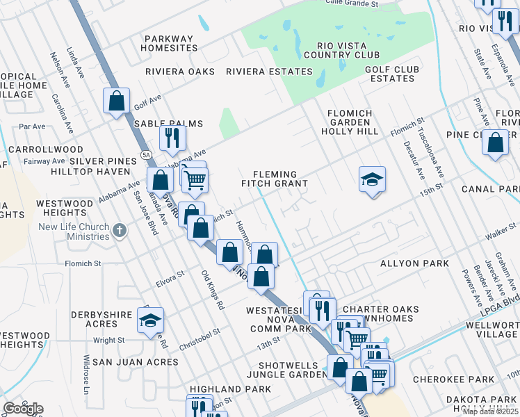 map of restaurants, bars, coffee shops, grocery stores, and more near 1591 Megan Bay Circle in Daytona Beach