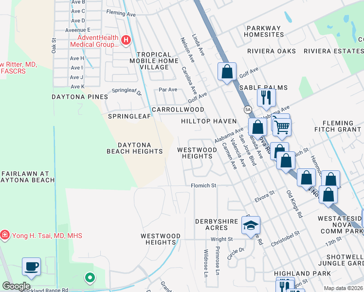 map of restaurants, bars, coffee shops, grocery stores, and more near 1735 Raleigh Avenue in Daytona Beach
