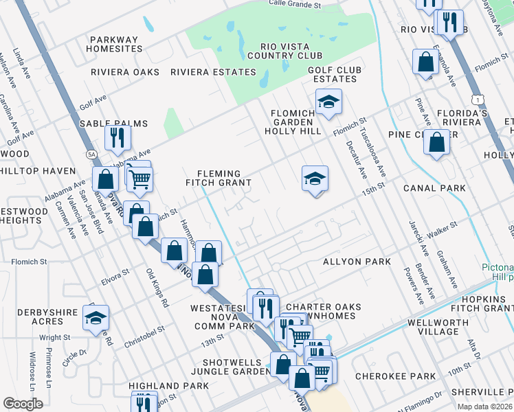 map of restaurants, bars, coffee shops, grocery stores, and more near 1558 Hancock Lane in Daytona Beach