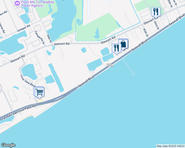 map of restaurants, bars, coffee shops, grocery stores, and more near 9420 Seawall Boulevard in Galveston