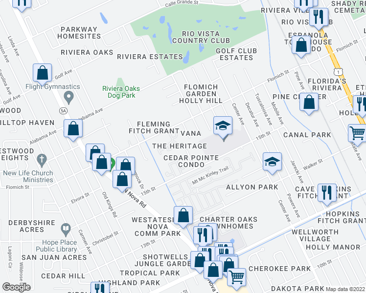 map of restaurants, bars, coffee shops, grocery stores, and more near 1562 Hancock Lane in Daytona Beach