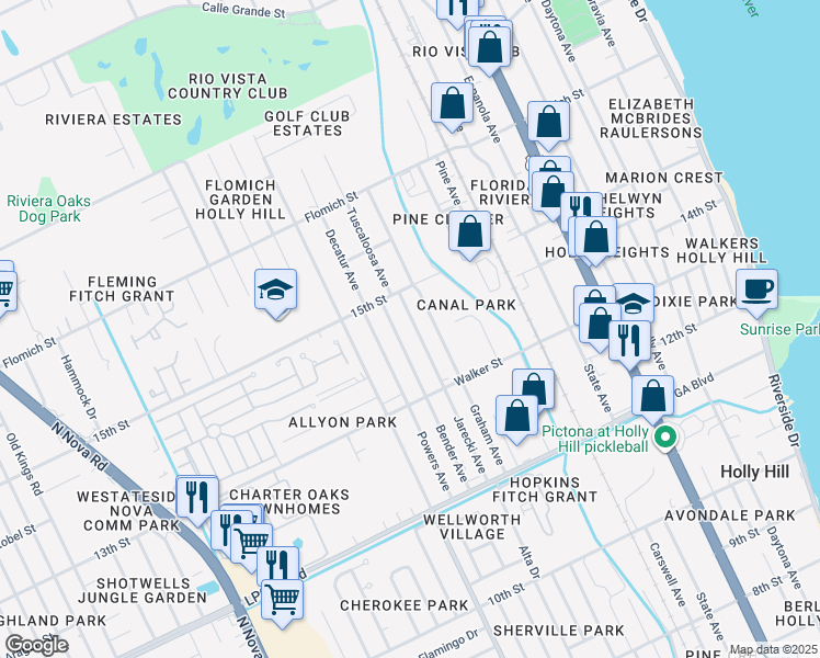 map of restaurants, bars, coffee shops, grocery stores, and more near 1364 Jarecki Avenue in Daytona Beach