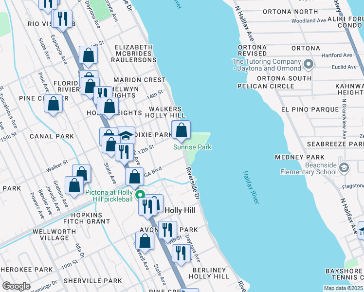 map of restaurants, bars, coffee shops, grocery stores, and more near 1122 Riverside Drive in Holly Hill