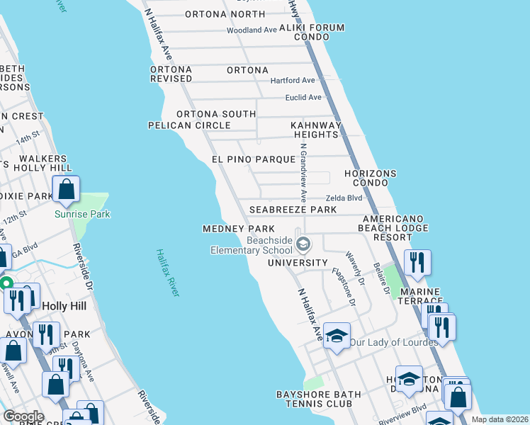 map of restaurants, bars, coffee shops, grocery stores, and more near 315 Golf Boulevard in Daytona Beach