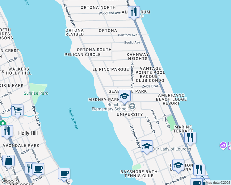 map of restaurants, bars, coffee shops, grocery stores, and more near 315 Golf Boulevard in Daytona Beach