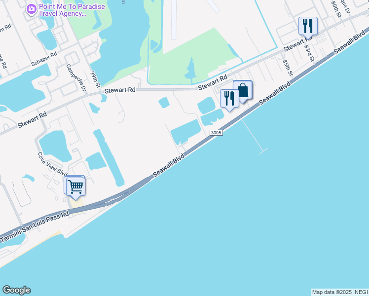 map of restaurants, bars, coffee shops, grocery stores, and more near 9420 Seawall Boulevard in Galveston