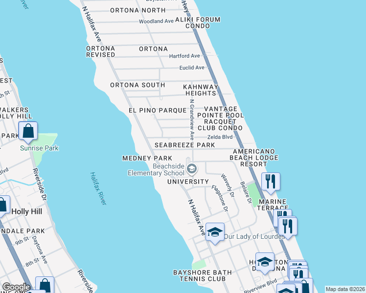 map of restaurants, bars, coffee shops, grocery stores, and more near 343 Golf Boulevard in Daytona Beach