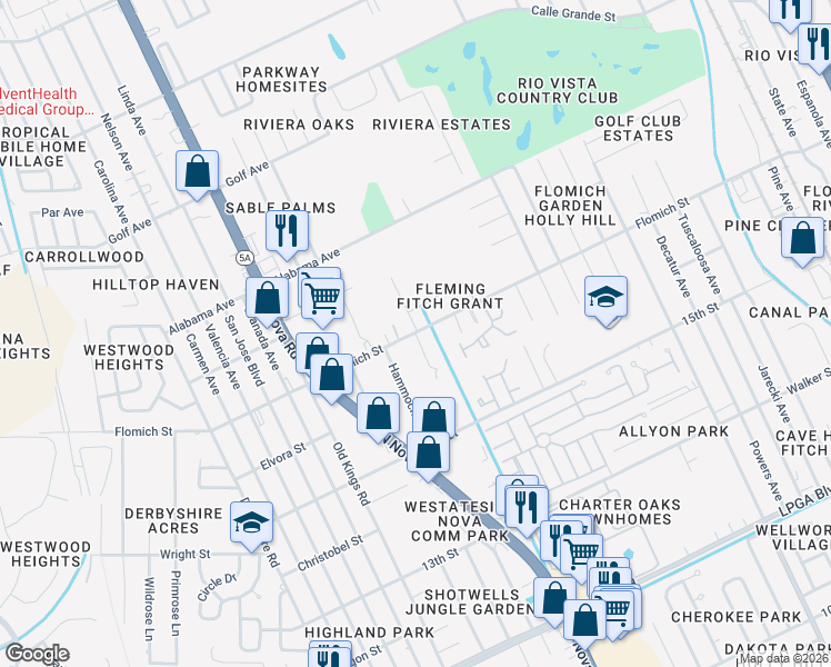 map of restaurants, bars, coffee shops, grocery stores, and more near 985 Flomich Street in Daytona Beach